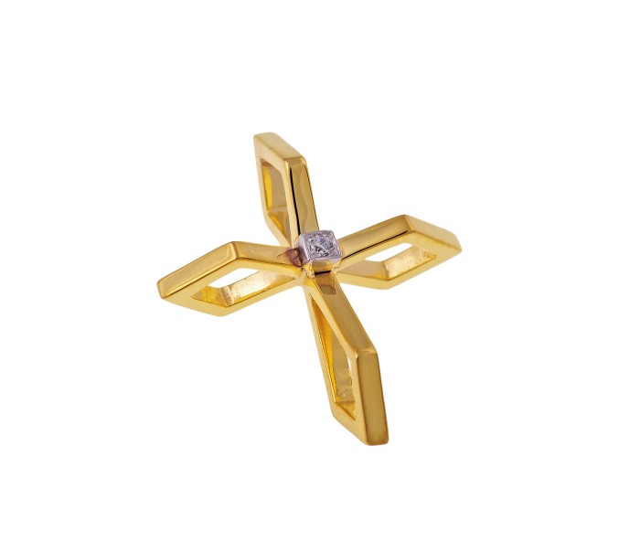 Women's cross, made of yellow gold, with a diamond.