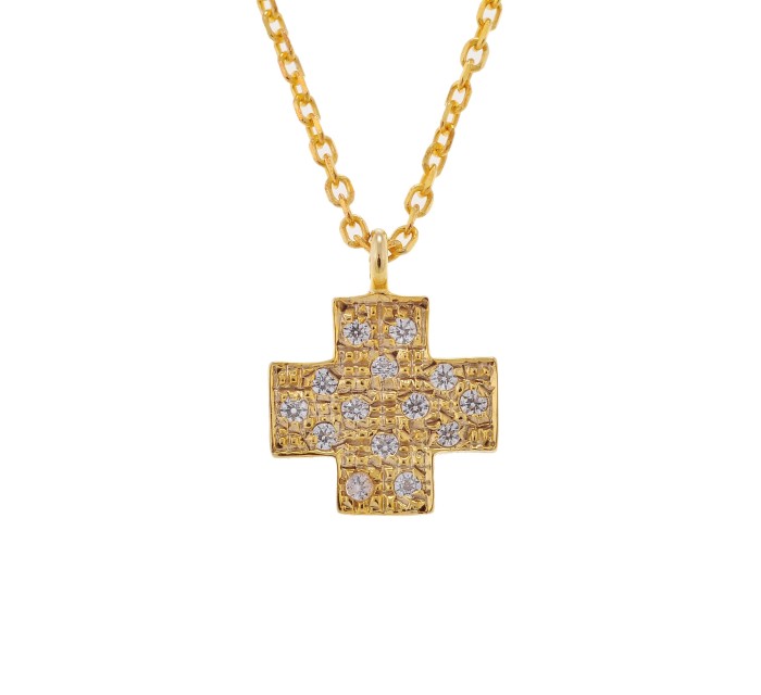 Gold cross with diamonds.