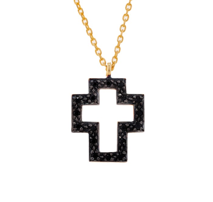 Gold cross, pierced, with black natural diamonds!