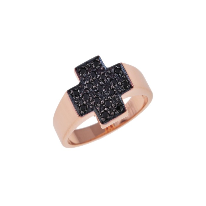 Δαχτυλίδι σταυρός σε ροζχρυσό με μαύρα φυσικά διαμάντια