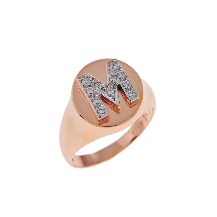 Rose gold monogram ring with white natural diamonds.